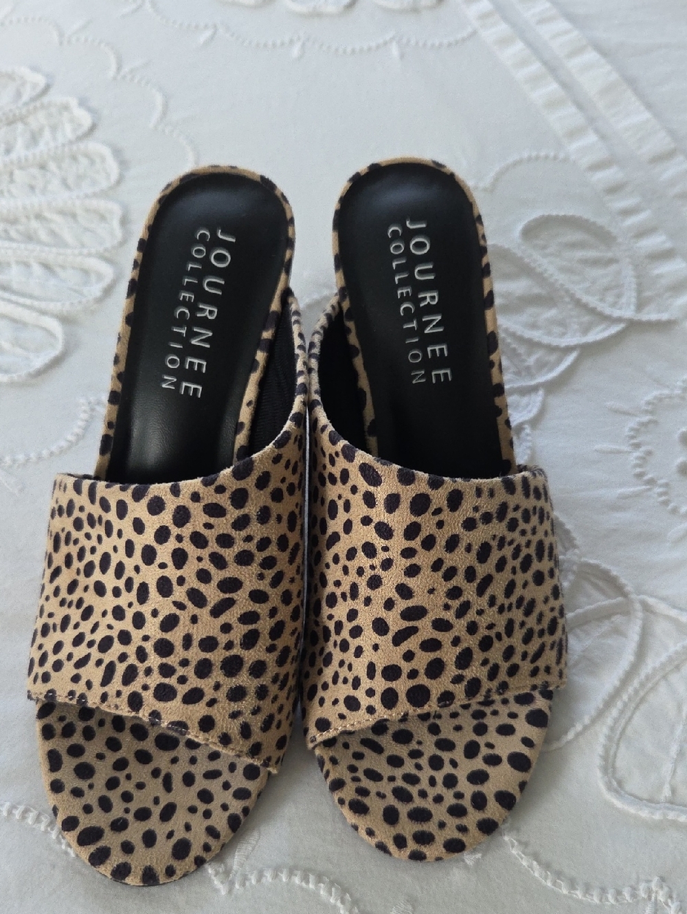 Journee Collection Leopard Print Open-Toe Slide Mules in Tan and Black